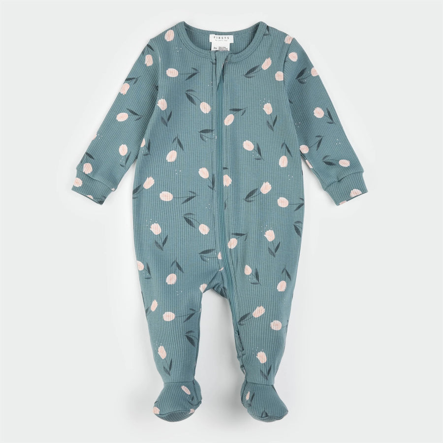 Tulips Print on Sea Blue Ribbed Sleeper