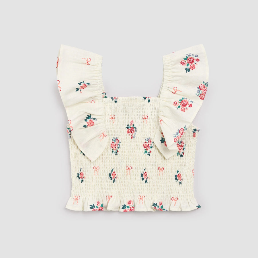 Bows and Bouquets on Ivory Smocked Ruffled Top