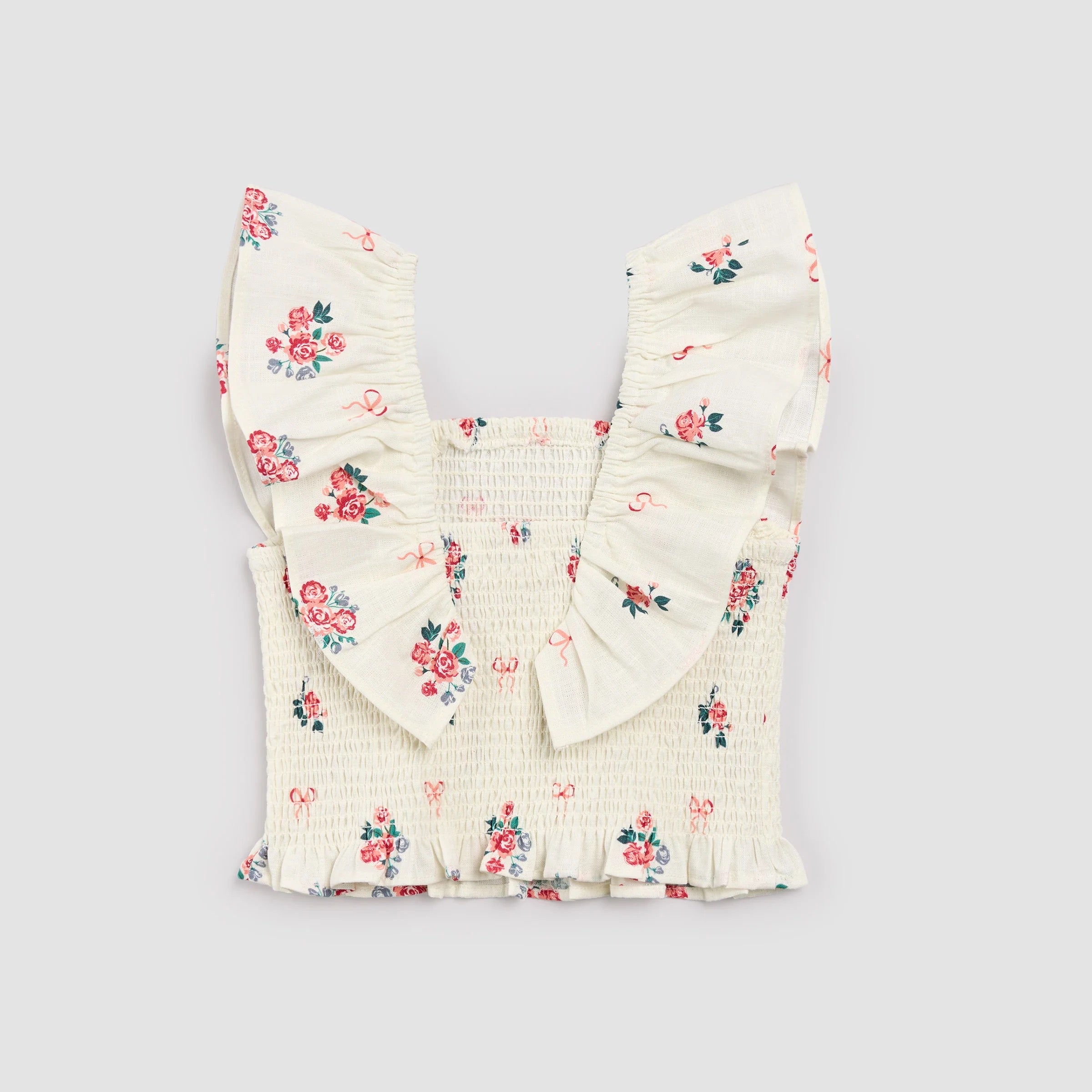 Bows and Bouquets on Ivory Smocked Ruffled Top
