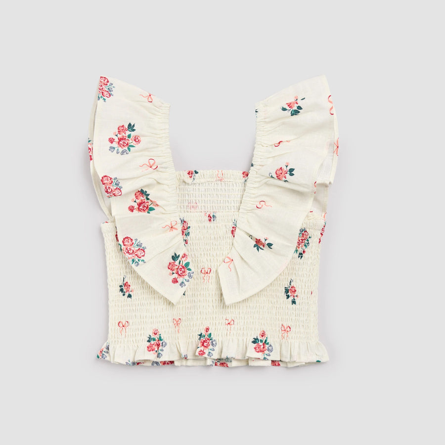Bows and Bouquets on Ivory Smocked Ruffled Top