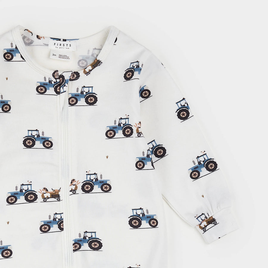 Tractor Ride Print on Off-White LunaKnit Sleeper