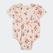 Strawberry Print on Soft Pink Ribbed Bubble Romper