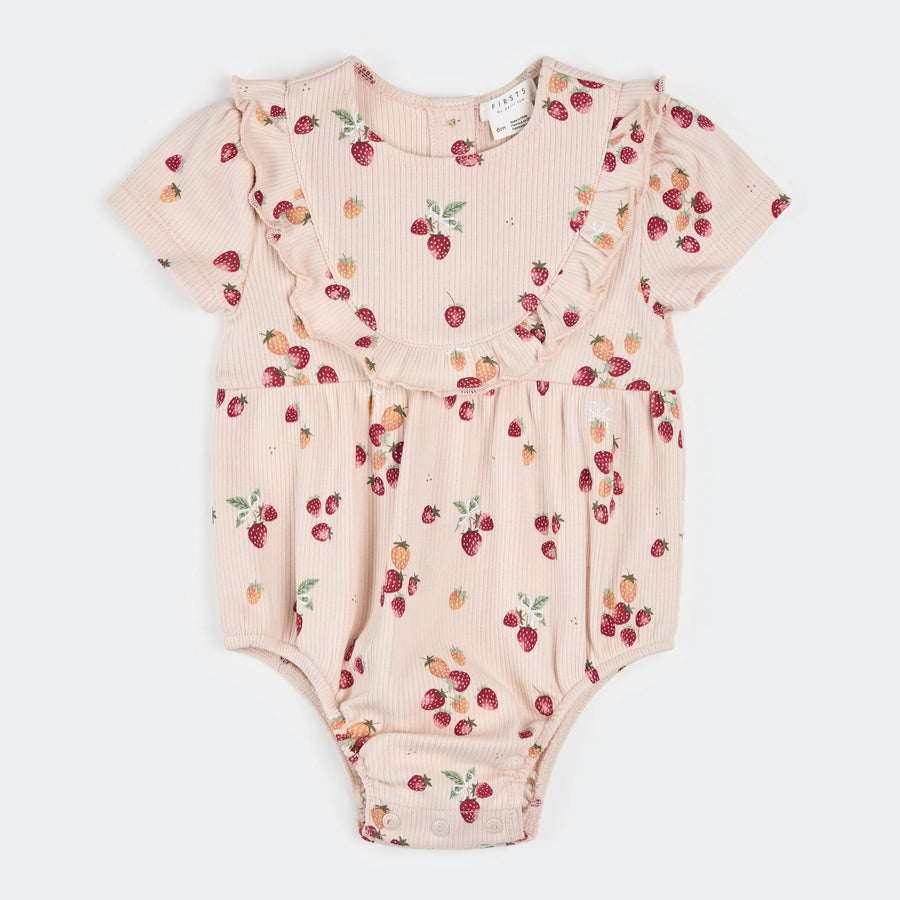 Strawberry Print on Soft Pink Ribbed Bubble Romper