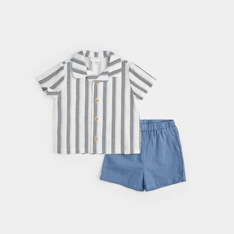 Dress Blue Striped Crosshatch Linen Set