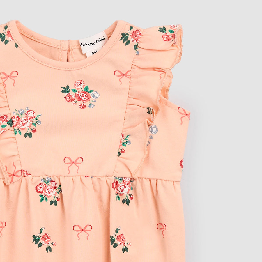 Bows and Bouquets on Peach Ruffled Playsuit
