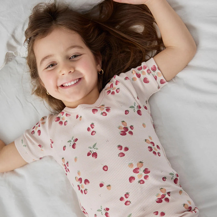 Strawberry Print on Soft Pink Ribbed PJ Set