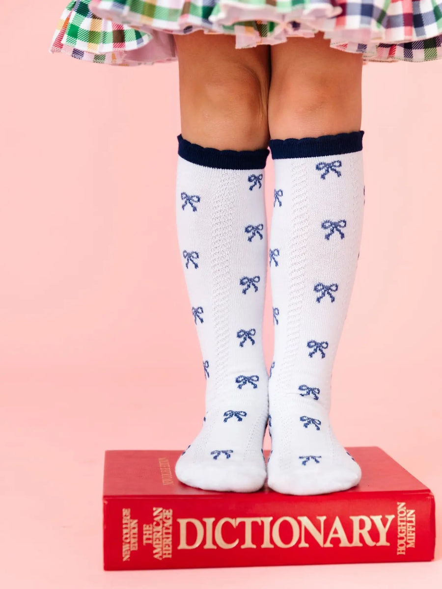 Navy Bow Scalloped Knee Socks
