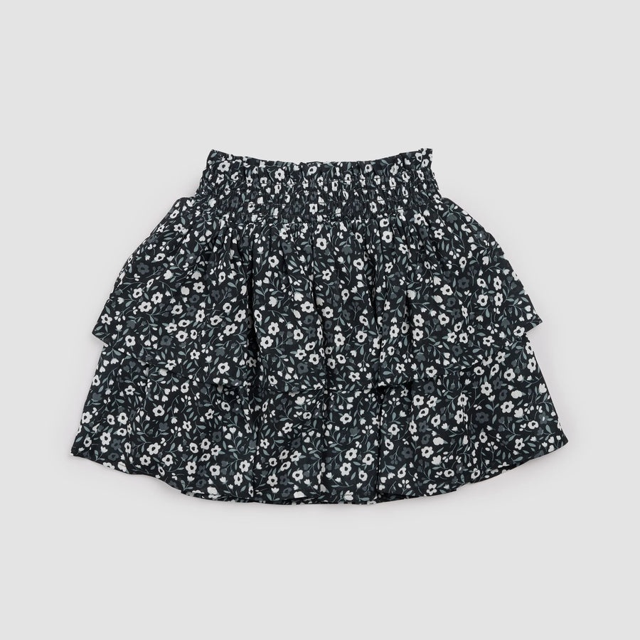 Vintage Floral Print on Black Chiffon Tiered Skirt