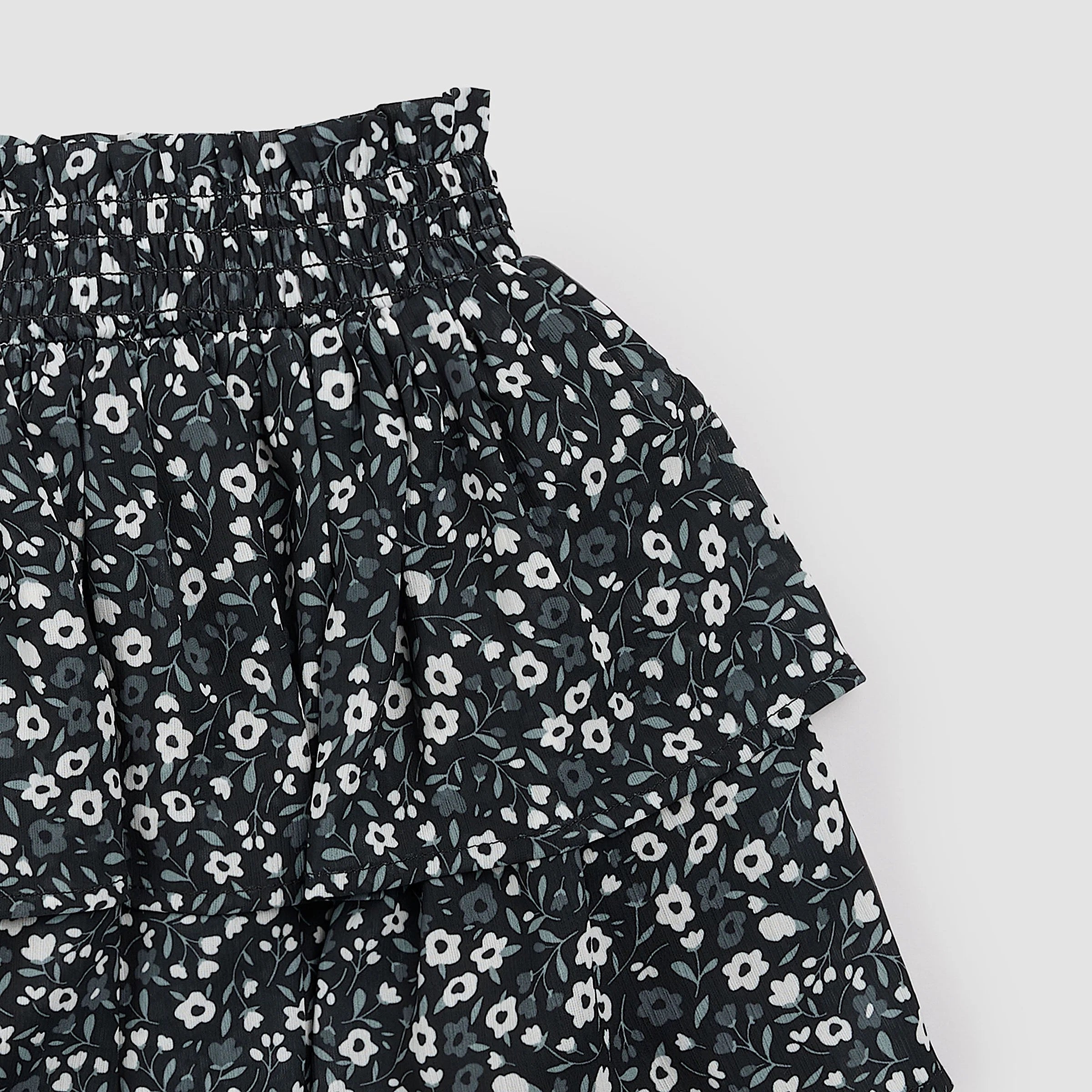 Vintage Floral Print on Black Chiffon Tiered Skirt