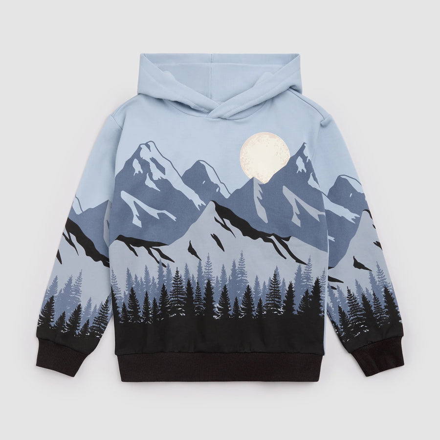 Mountain Peak Print on Blue Fog Fleece Hoodie