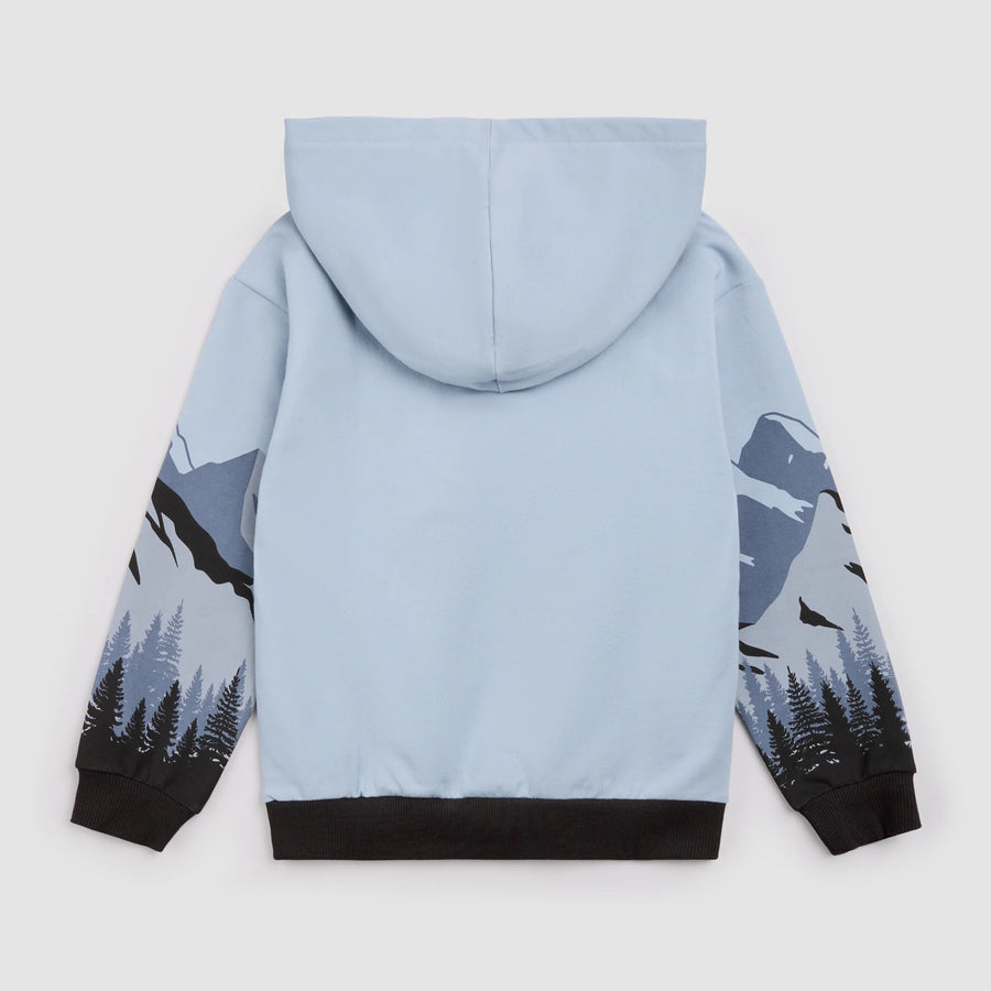 Mountain Peak Print on Blue Fog Fleece Hoodie