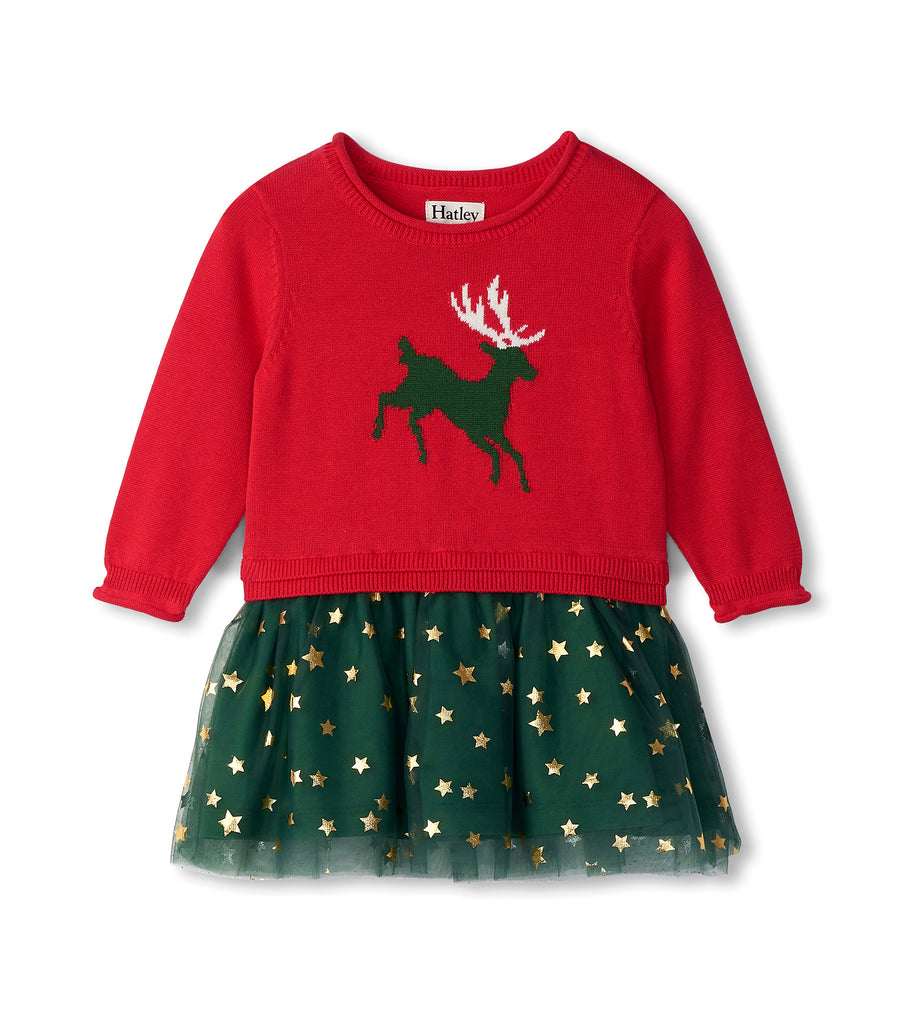 holiday reindeer drop waist sweater knit dress Buttercups Children's Boutique holiday reindeer drop waist sweater knit dress Buttercups Children's Boutique