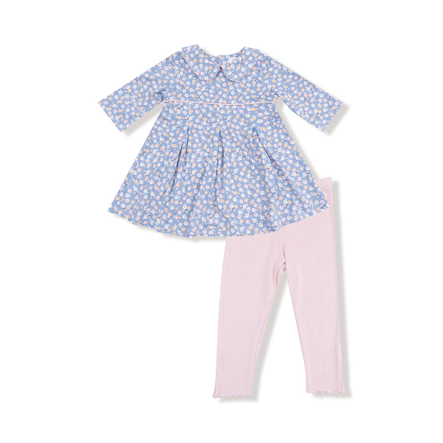 Country Calico - Box Pleat Dress W/ 3/4 Sleeve + Peterpan Collar & Rib Leggings