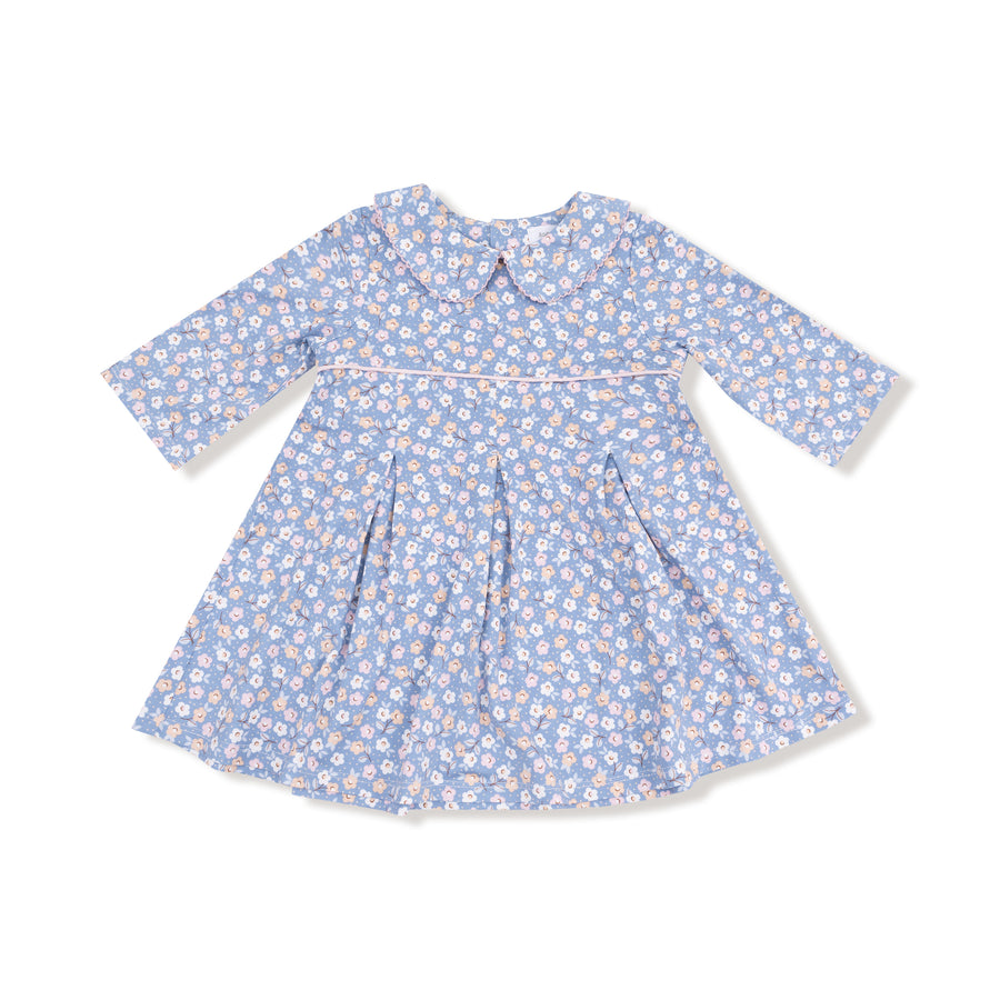 Country Calico - Box Pleat Dress W/ 3/4 Sleeve + Peterpan Collar & Rib Leggings